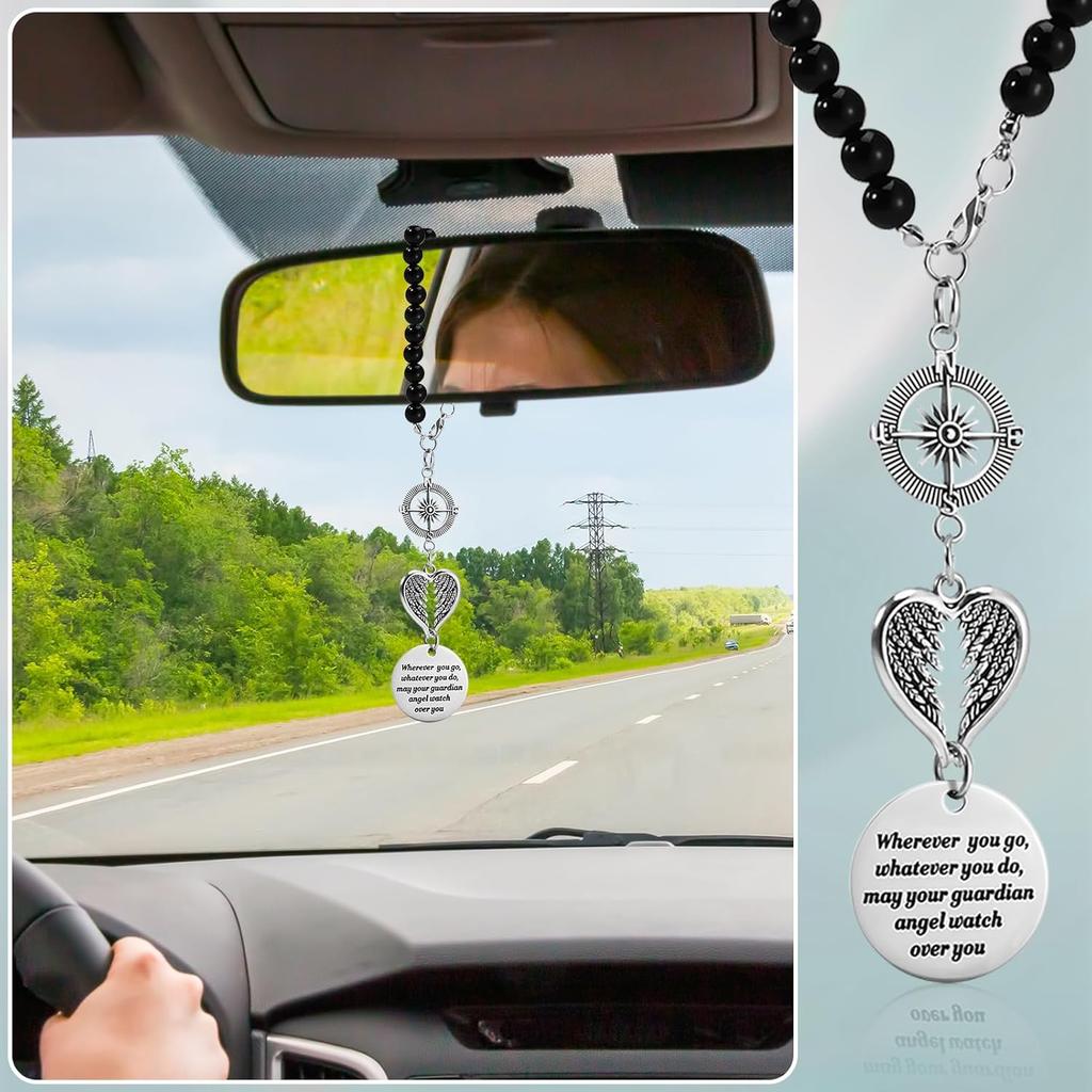 3 Pack Guardian Angel Rearview Mirror Charm, Angel Wings Cross Car Charm Pendant Guardian Angel Hanging Ornament Rear View Mirror Hanger Decor