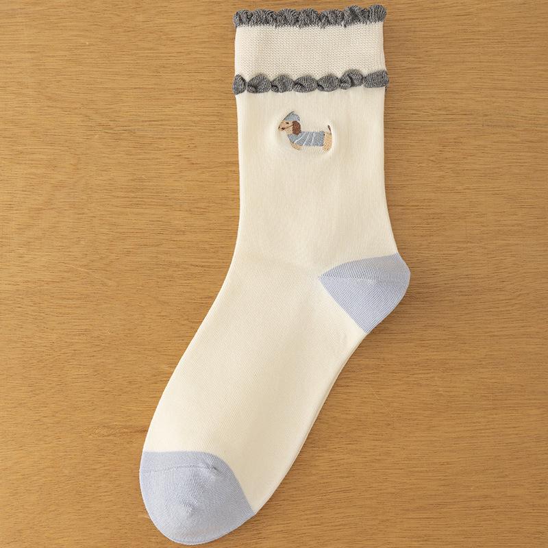 25 New Korean Style Cartoon Embroidery Lace Ruffle Mid-Calf Socks for Women - Autumn/Winter Collection