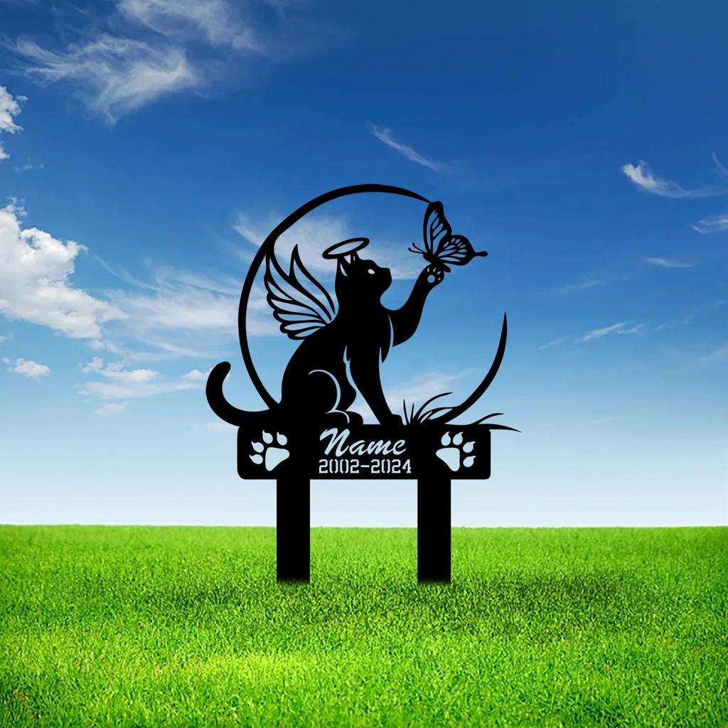 Metal Cat Memorial Garden Stake, Butterfly Decoration for Grave, Pet Sympathy Gift, Outdoor Loss Keepsake