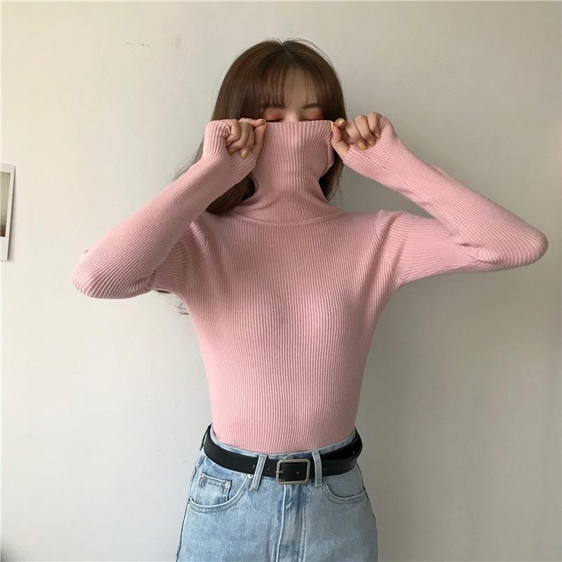 Women's Autumn Winter High-Neck Long Sleeve Slim-Fit Black Pullover Tight Knit Inner Base Layer
