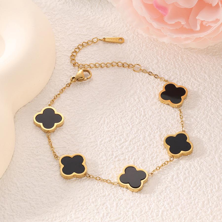 18k Gold-Plated Titanium Steel Four-Leaf Clover Bracelet with Mother-of-Pearl for Women