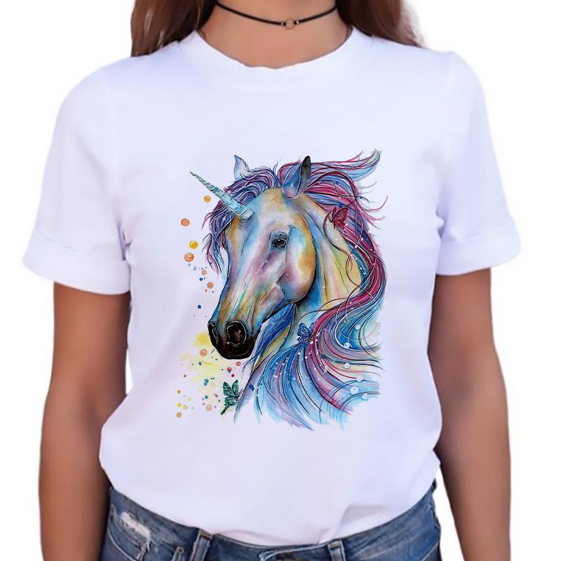 Womens Tshirt Stylish O-Neck Short Sleeve Cartoon Horse Simple Female Tee Tshirts Summer Clothes White Tops 90S Female T Shirt