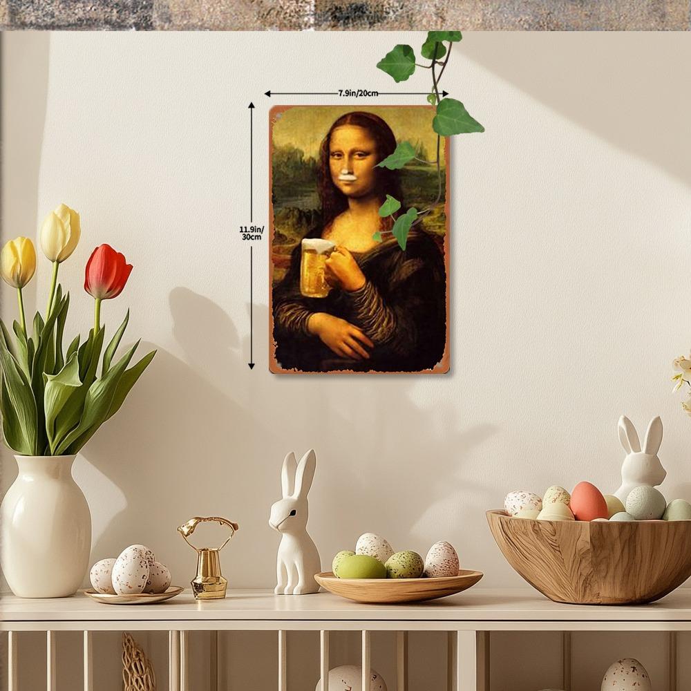 Vintage Mona Lisa Drinking Beer Metal Tin Sign 20x30cm Retro Wall Art for Bar Pub Cafe Restaurant Decor