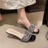 Stunning Rhinestone Open-Toe Chunky Heel Sandals Women's Outdoor Wear 2026 New High-End Sensation Match Skirt One-Strap Slippers