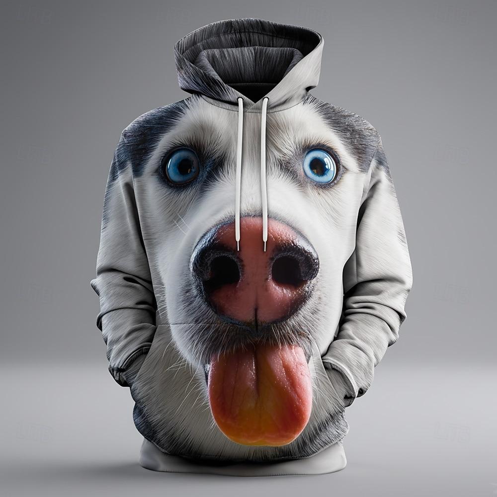 Pánská mikina s kapucí s optickou iluzí zvířete Módní Cool s kulatým výstřihem Domácí párty Streetwear Bílá Hnědá Stahovací šňůrka Podzim Zima Designér