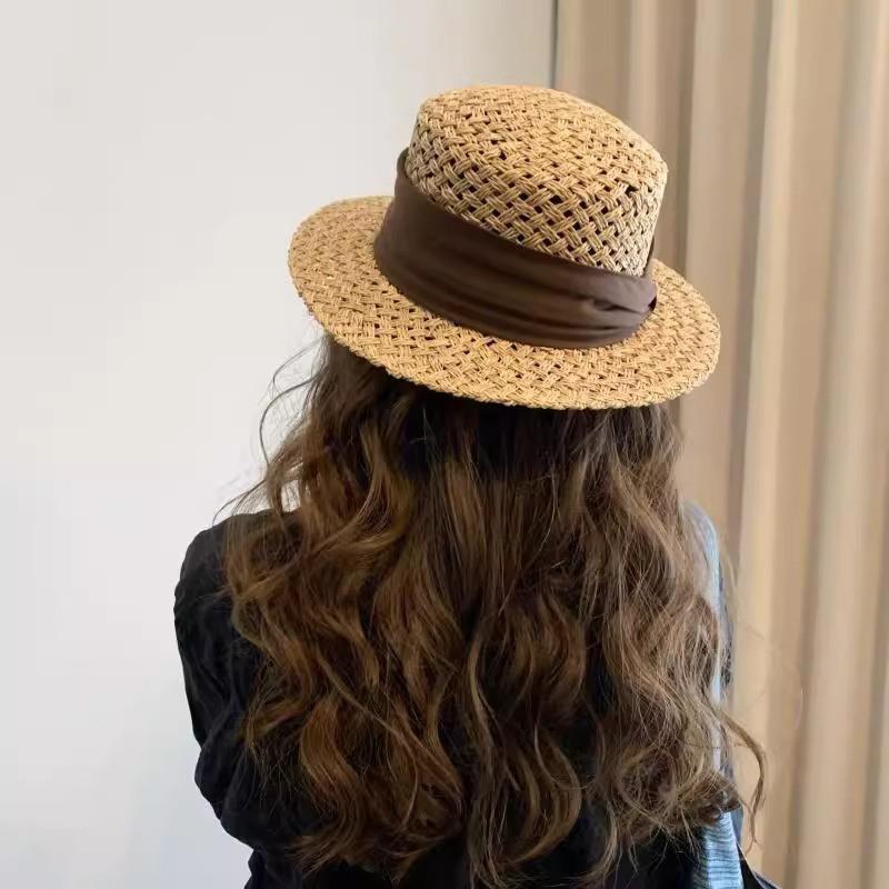 New Flat-top Straw Hat Women's Big Head Circumference Seaside Beach Top Hat Woven Sun Hat Summer