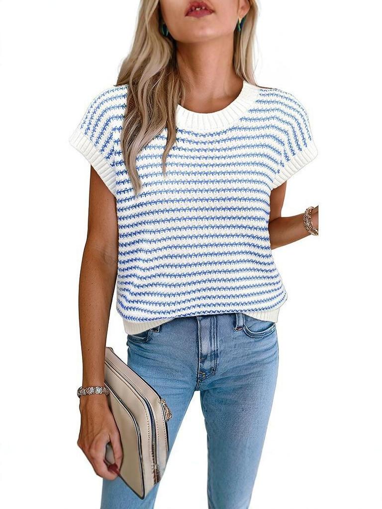 Women's Striped Knit Summer Top - Loose, Short-Sleeved, Round Neck, Casual Hollow Design Sweater