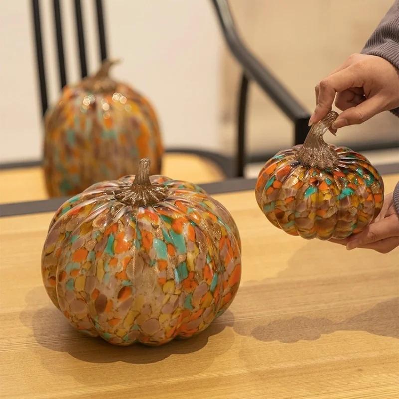 Creative Glass Craft Artificial Pumpkin Sculpture Colored Transparent Glazed Pumpkin Craft Decorative Figurines Home Decoration