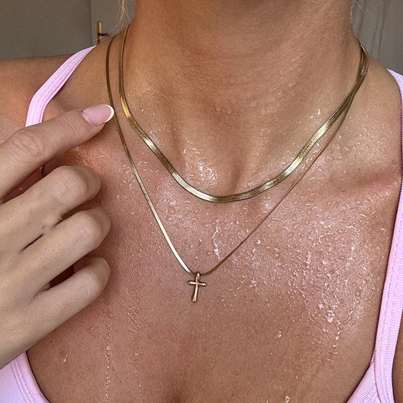 2pcs Fashion Minimalist Cross Pendant Necklace Set for Women Gold Color Copper Layered Necklace Vacation Date Party Jewelry Gift