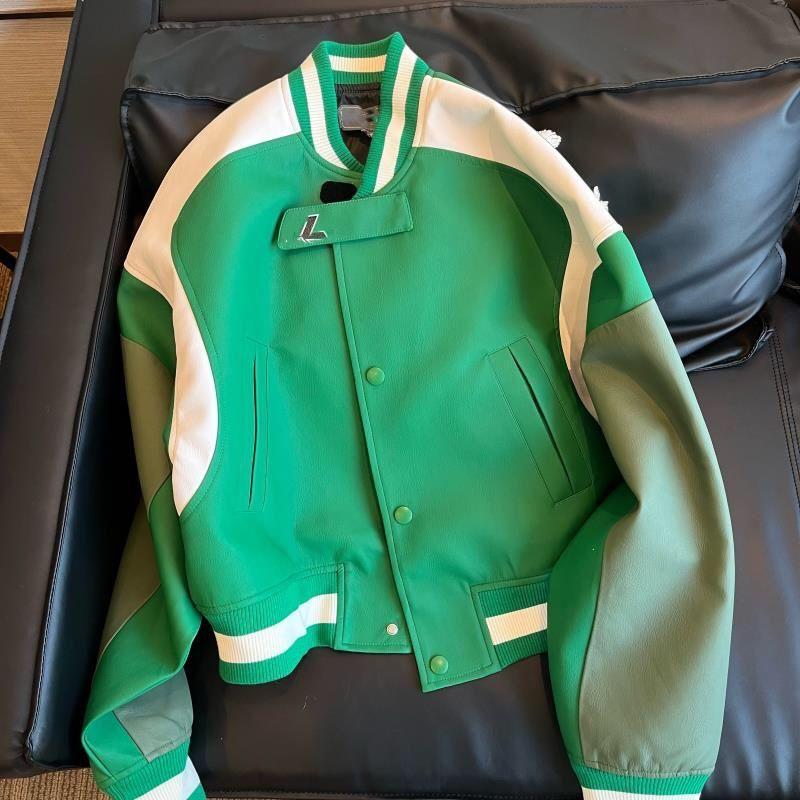 

New Autumn and Winter Casual American Retro Green Baseball Uniform Stitching Jacket Outwear Women s Fashion Dark green XL