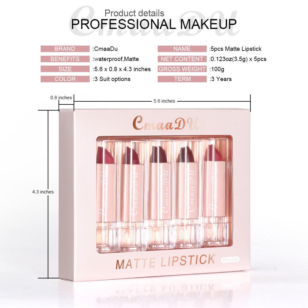 CmaaDu Velvet Matte Lipstick Set: 5-Piece True Red Moisturizing Gloss for European & American Makeup.