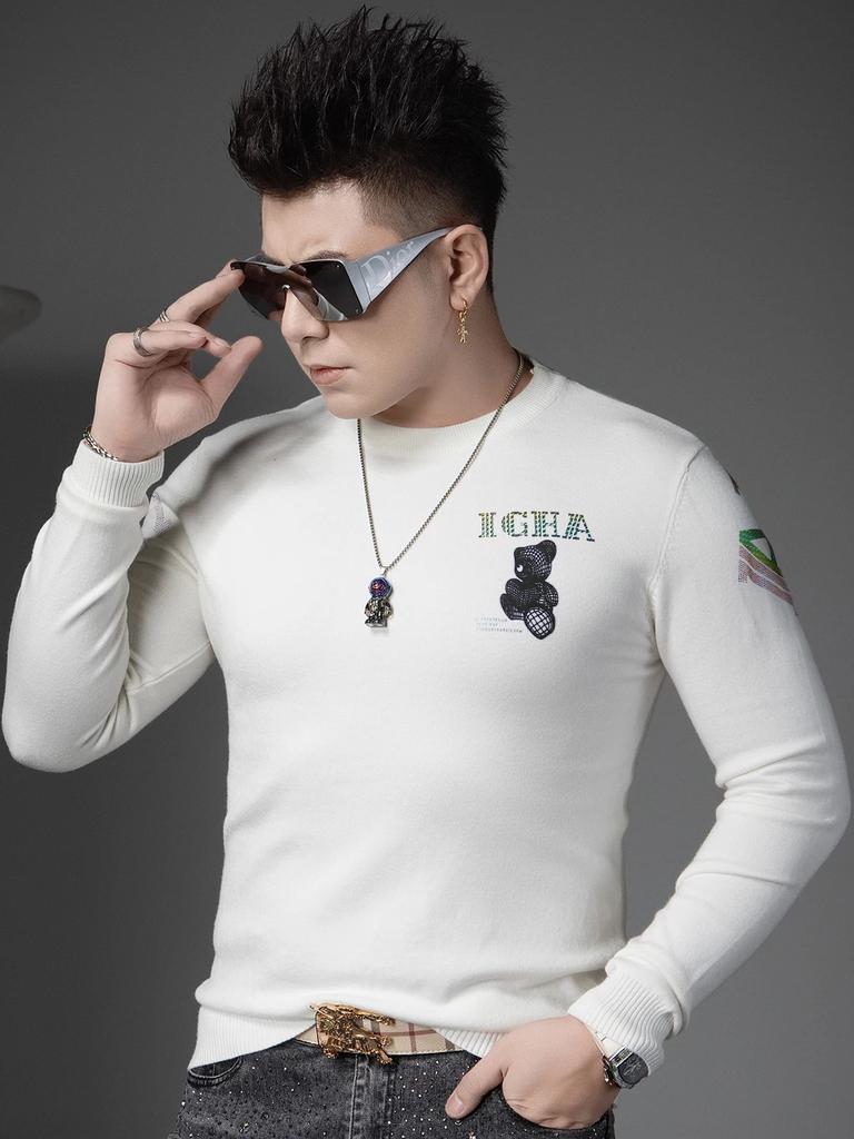 European Station 2025 New Trendy Bear Print Round Neck Sweater Men's Autumn and Winter Pullover Long Sleeve Knitted Sweater for Men