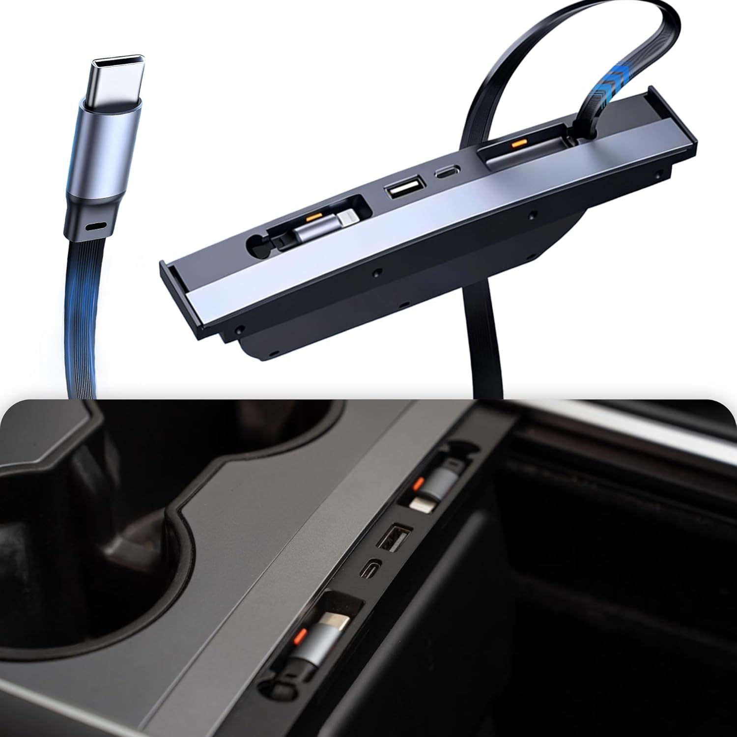 Polwlamks 65W Fast Charging USB Hub for Tesla 2025-2026 Model Y Juniper 2024-2025 Model 3 Highland, 4-in-1 Multi Ports & Retractable Cable, Model Y L Model Y 2021-2024 & Model