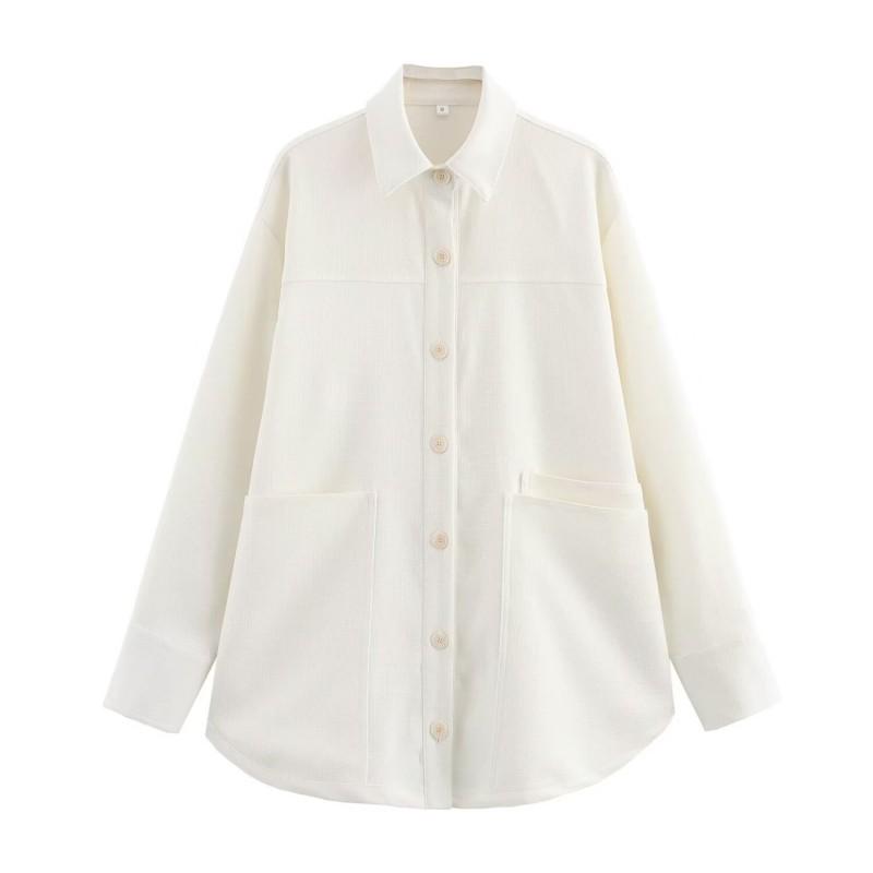 Womens White Loose Fit Shirt Jacket With Turn-Down Collar Dual Front Pockets Casual Vacation Style