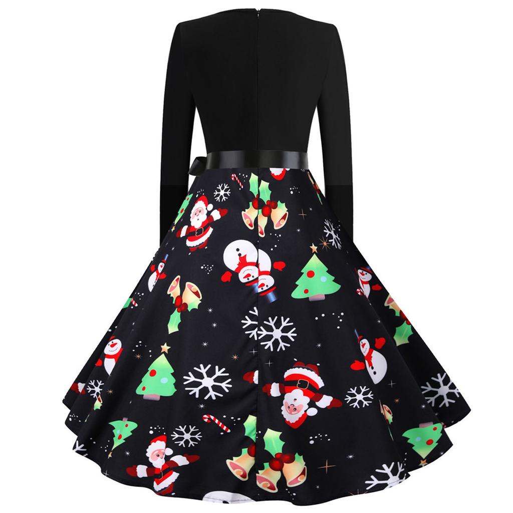 Women Vintage Long Sleeve Christmas 1950s Housewife Evening Party Prom Dress