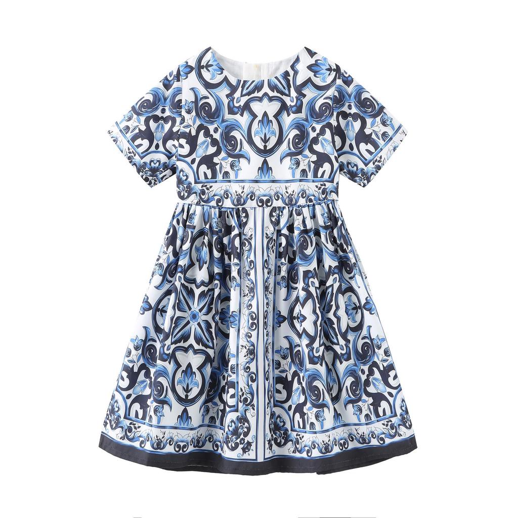 2025 European & American Style Blue & White Porcelain Spaghetti Strap Sleeveless Dress for Girls