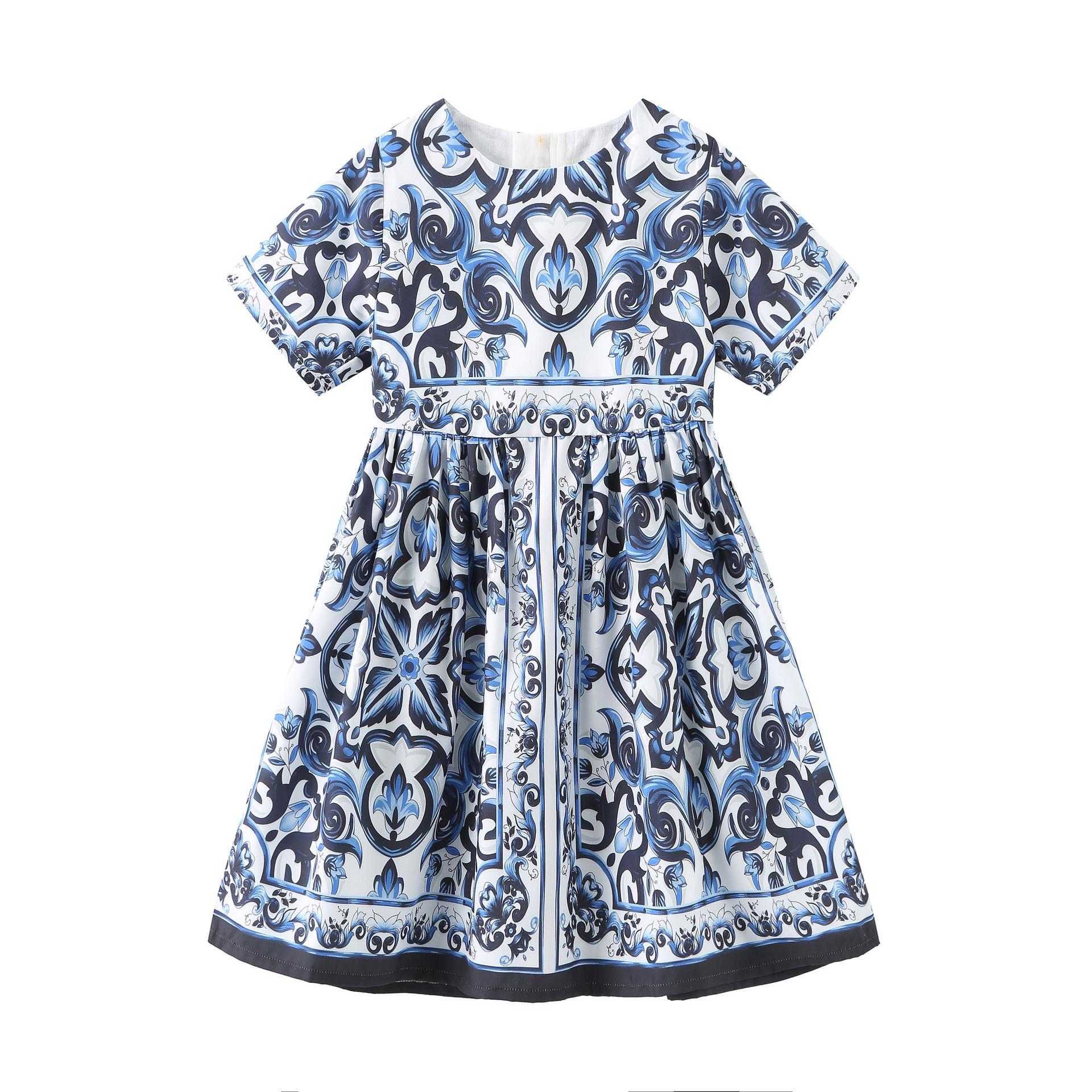 2025 European & American Style Blue & White Porcelain Spaghetti Strap Sleeveless Dress for Girls 110 cm