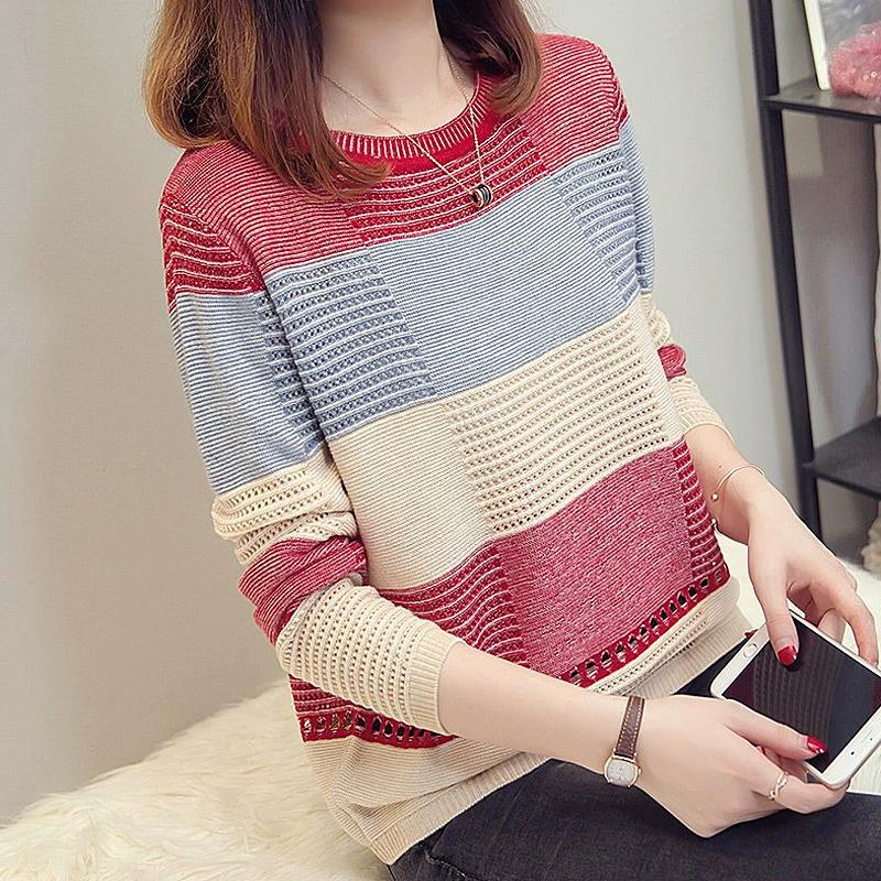 Spring and Autumn Women's Korean Version Color Blocked Knitted Sweater Loose Striped Base Sweater Pullover Round Neck Contrasting Top