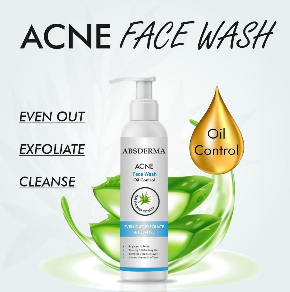 ABSDERMA Acne Face Wash 140gm | Oil Control Cleanser | Brightens & Reveals Clear Skin | Exfoliates, Deep Cleanses & Removes Dead Skin Layers
