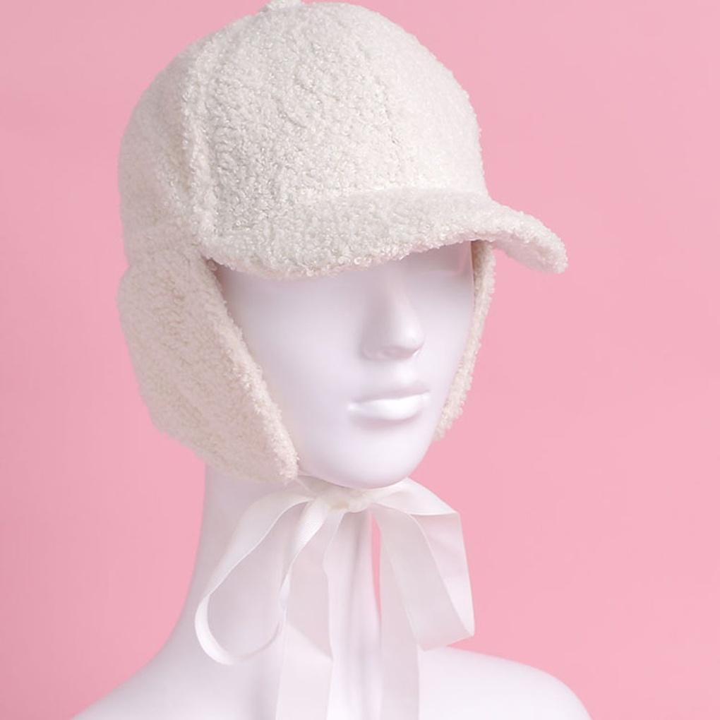 Lovely Ribbon Earflap Hat White Women's Winter Hat