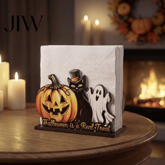 Decorative Napkin Organizer Halloween Wooden Holder, Cute Pastel Pumpkin Ghost Black Cat Tabletop Tissue Dispenser, Waterproof Holder