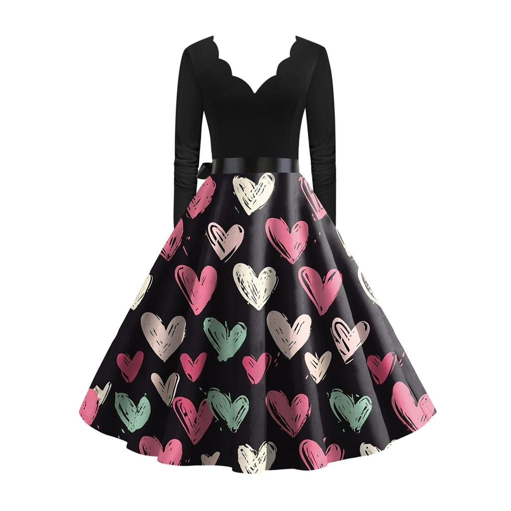 Damska stylowa i elegancka sukienka z długim rękawem, dekoltem w serek w kształcie serca na Walentynki