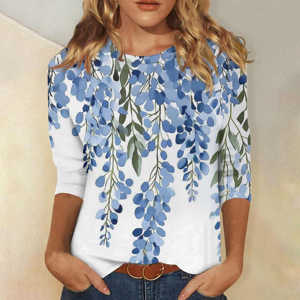 Women's Fashion Casual Round Neck 3/4 Sleeve Loose Printed T-Shirt Ladies Top