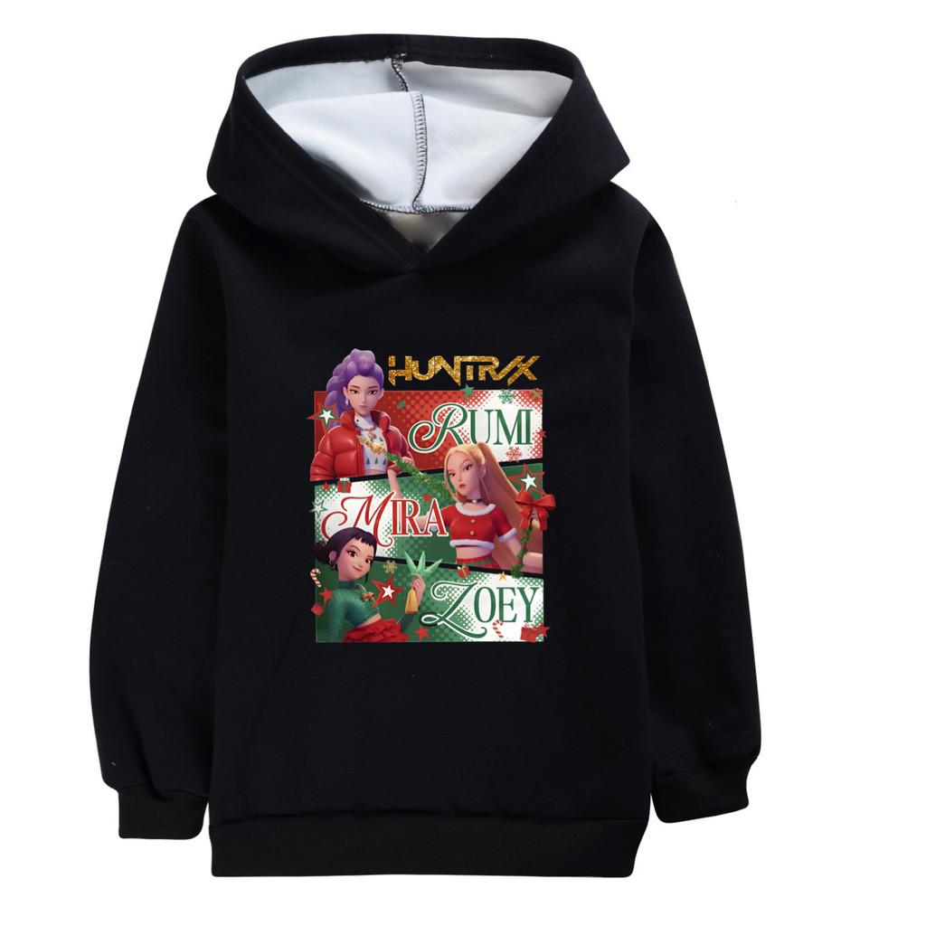 5181 Kids Girls Christmas New Year Kpop Rumi Zoey Mira Print Casual Long Sleeves Velvet Warm Winter Hoodie