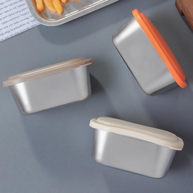 304 Stainless Steel Sauce Cup With Sealed Lid Seasoning Box Leak-Proof Silicone Cover Condiment Container Portable Storage Box