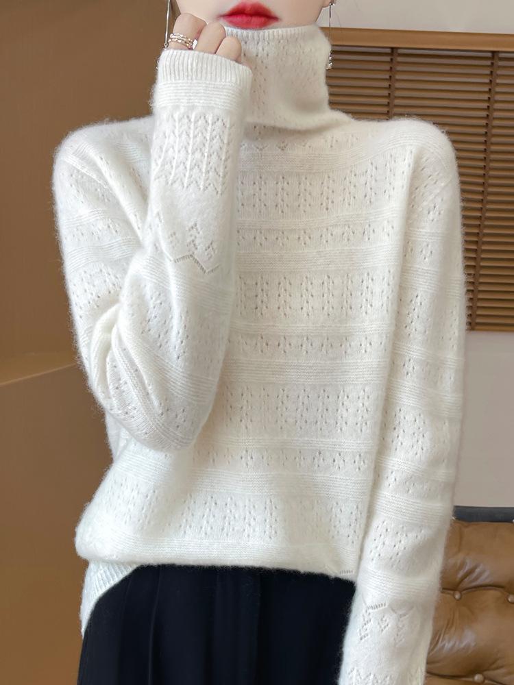 Women's Pure Wool Mock Neck Sweater - Seamless Hollow Knitwear for Autumn/Winter