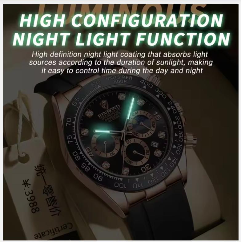Quartz Watch for Men Silicone Strap Moon Phase Date Chronograph Dial Waterproof Sports Fashion Business Men's Wristwatch