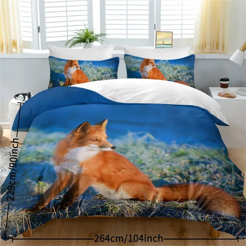 Rückblickendes Fuchs-Design Bettwäsche-Sets 3-teilig Orange Blau Bettbezug-Set Fuchs Tier Tagesdecken mit 2 Kissenbezügen