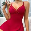 Women Sexy Nightdress Deep V Neck Backless Sleeveless Lace Patchwork Split Bow Decor Solid Color Soft Above Knee Length Lady Sleepwear Dress