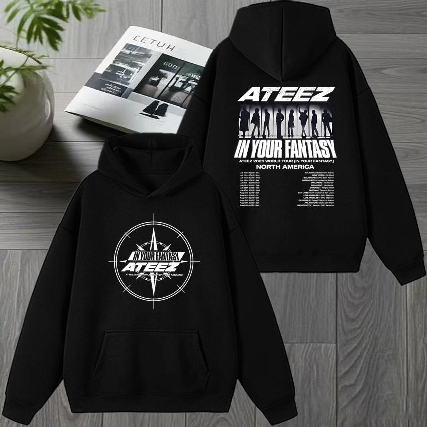 Korea Ateez 2025 World Tour in Your Fantasy Double Sided print Hoodie Unisex Trend Fleece pullover Men women Casual Sweatshirt