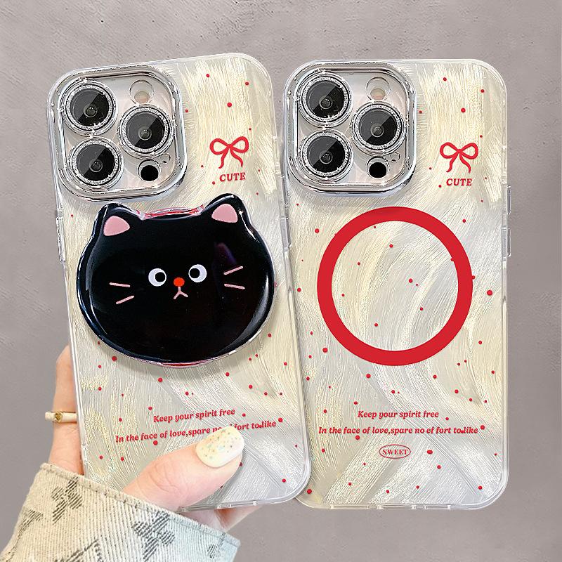 

Black Cat Magnetic Stent Bracket Suitable for Apple 15 Cute Mobile Phone Case 16promax Feather Yarn Scent Hole 14 Couple 13 Full Package iPhone 11 Pro Max
