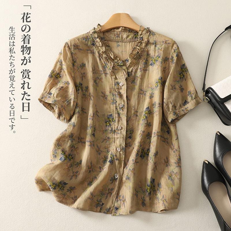 2025 Summer New Retro Fried Color Printed Cotton and Linen Shirt Women's Fungus Edge Temperament Shirt Short-sleeved Top