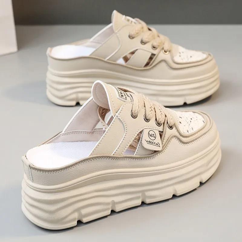 Thick-soled Waterproof Platform 7cm White Shoes Hollow Breathable Women's Shoes Summer Lazy Slippers
