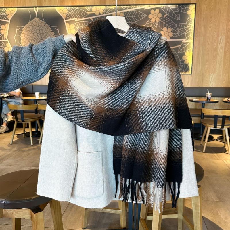 

Зимний новый шарф с градиентным клетчатым узором, утолщенный, с бахромой, подарок для пары, шарф высокого класса 65-180CM чёрный