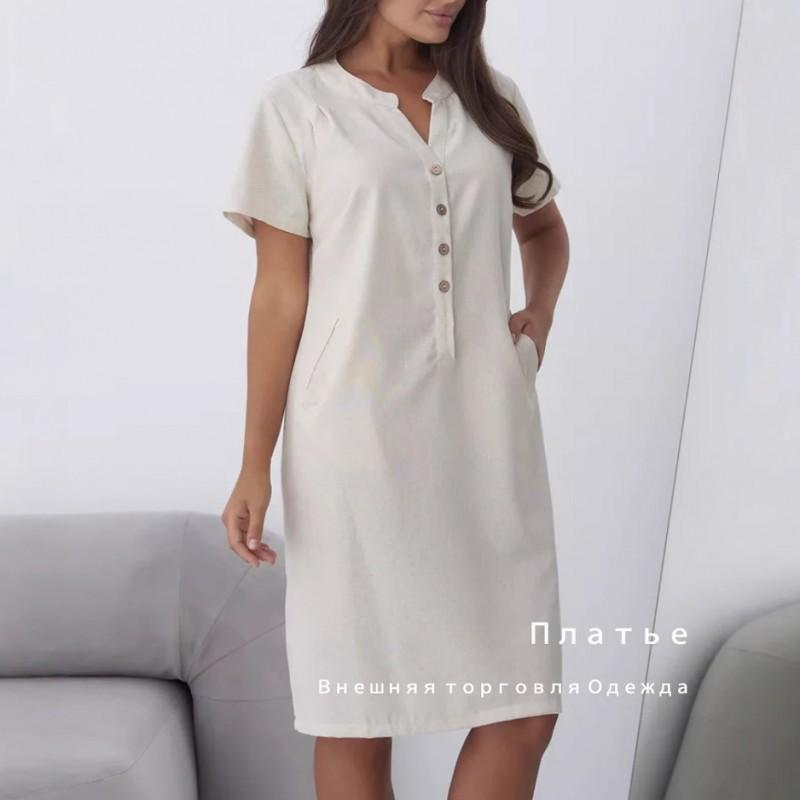 Women's Clothing Linen Solid Color Buttons V-neck Casual Dress