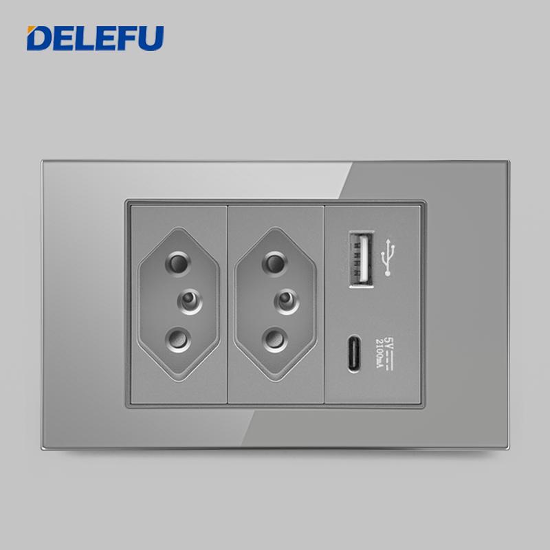 DELEFU Brazil Standard Grey Glass Panel 20A 10A Smart Switch CAT6 Network Socket USB Type-C Wall Outlet Household Charging