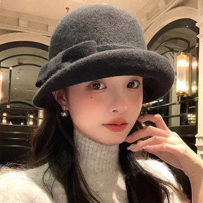 Curly Wool Bow Top Hat for Women Winter French Dome Gold Hat Showing Face Small Fisherman Hat Basin Hat