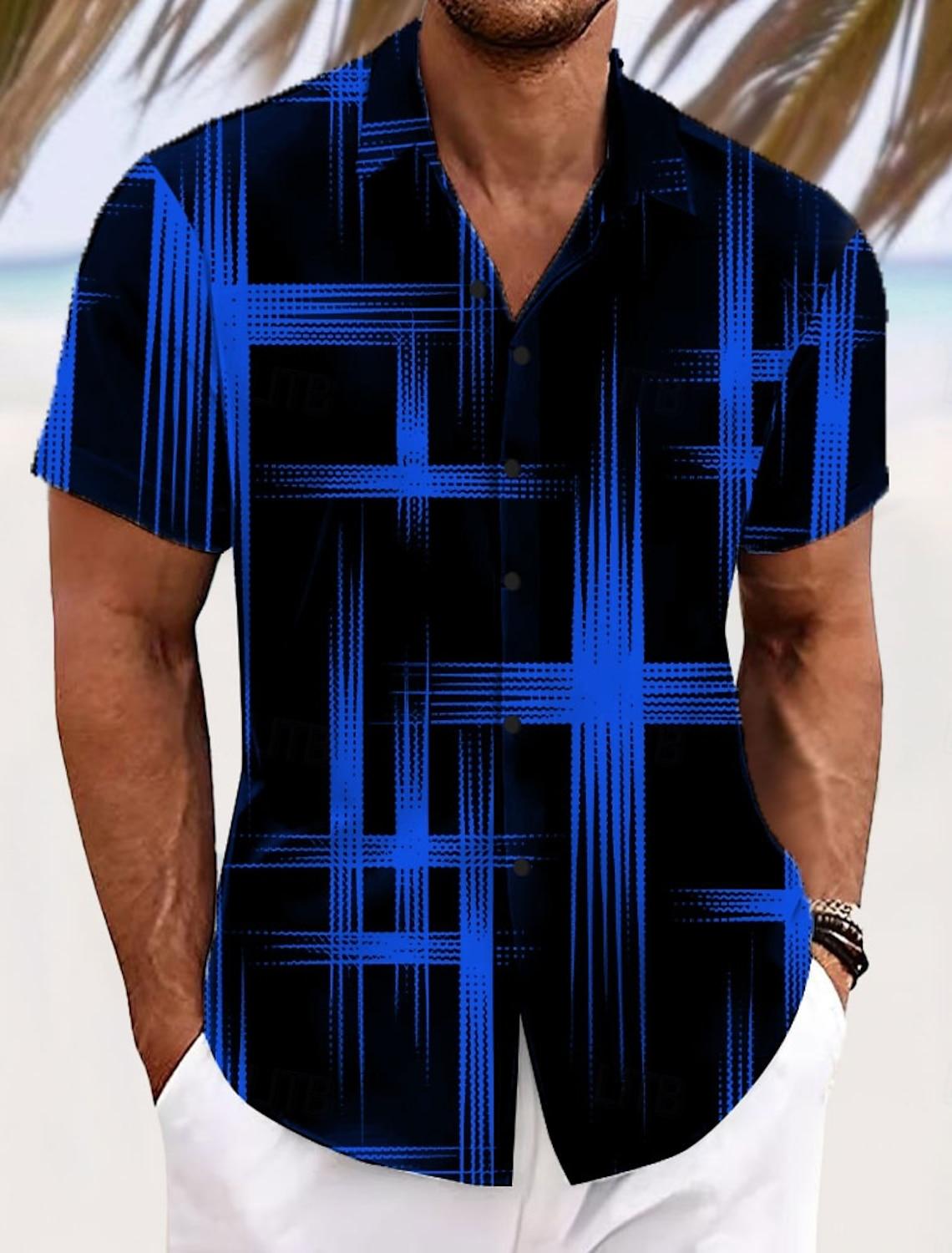 Men s Geometric Grid  Plaid Gradient Color Shirt Button Up Shirt Short Sleeve Fashion Casual Turndown 3D Print Collared Shirts S