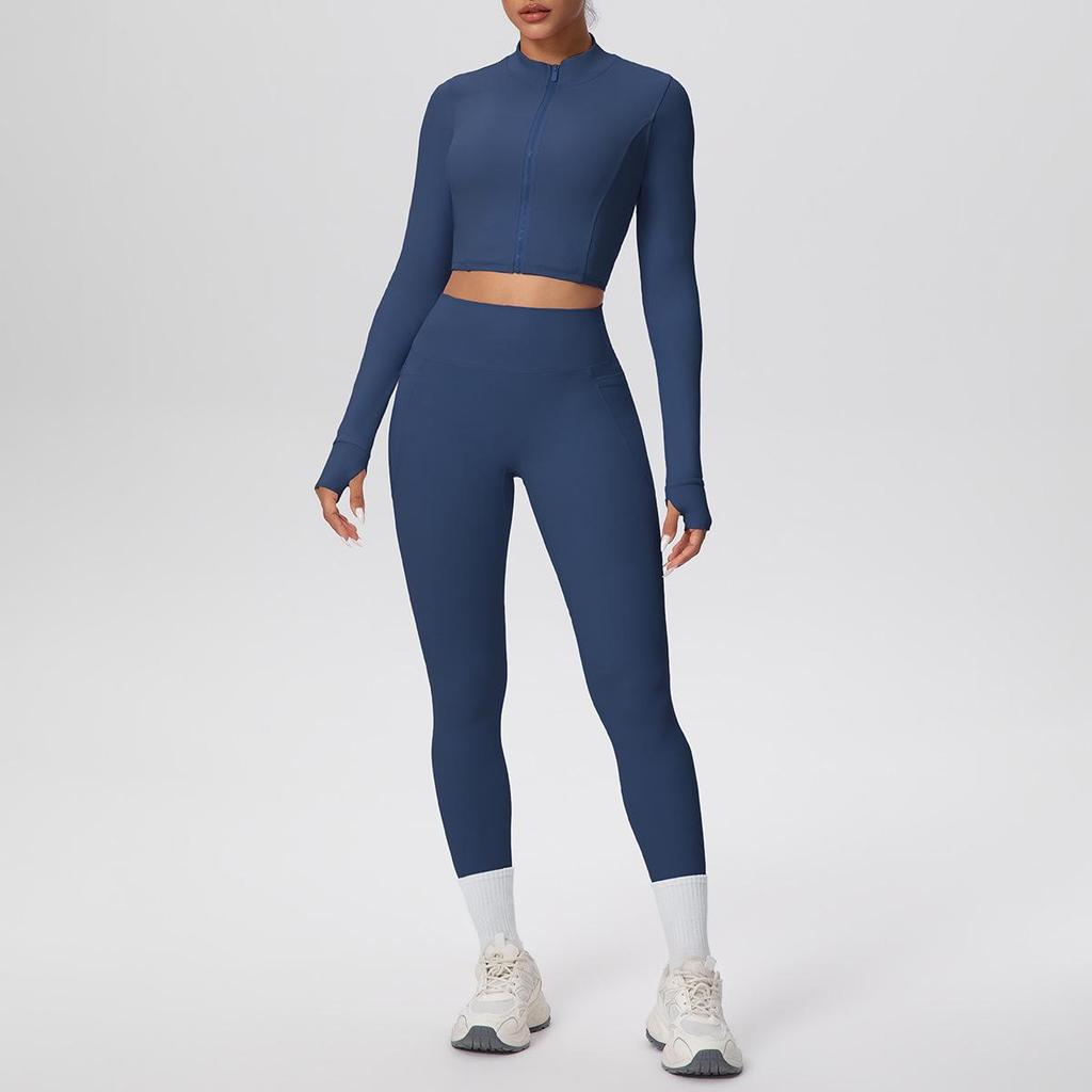 Zipper Crop Top Jacket & High-Waist Butt-Lifting Pocketed Pants Sports Set - Perfect for Yoga, Running, & Casual Fitness.