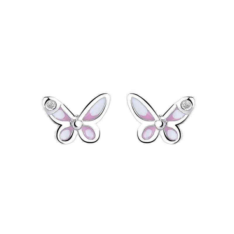 

Sterling Silver Pink Oil Dripping Small Butterfly Stud Earrings Fairy Temperament Sweet Small Cute Versatile Student Earrings