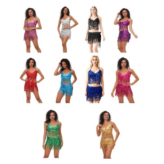 Belly Dancer Outfit Sequin Tassel Bra Top with Fringe Hip Scarf Set Sparkling Rave Party Costume for Women Girls