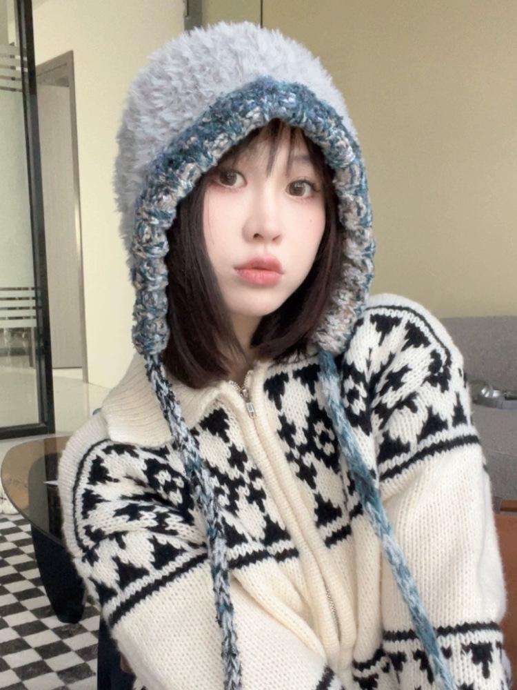 Autumn and Winter New Plush Ear Protection Bag Head Hat Women's Warm Versatile Wool Knitted Hat Mixed Color Drawstring