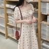 French Floral Milk Tea Dress - Puff Sleeve Waist-Slimming Summer Style for Women