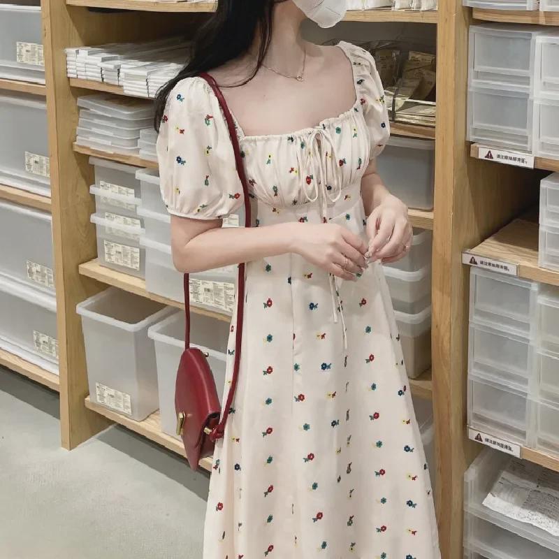 French Floral Milk Tea Dress - Puff Sleeve Waist-Slimming Summer Style for Women