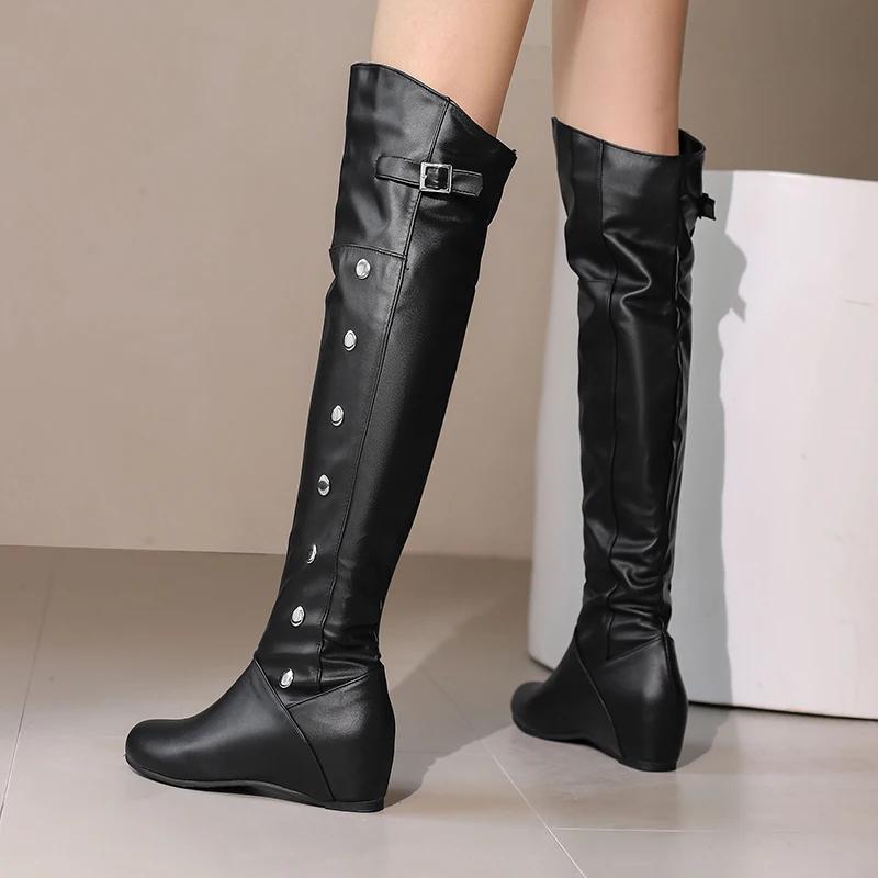 Plus Size Round Toe Wedge With Warm Plush Lining Slip-On Women'S Over The Knee Boots With Rivet Buckle Long Boots