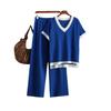 Autunno Inverno Vento Pigro Allentato Collo Alto Pulllover Abito in Maglione da Donna Tinta Unita Manica Corta in Maglia Pantaloni a Gamba Larga Set a Due Pezzi